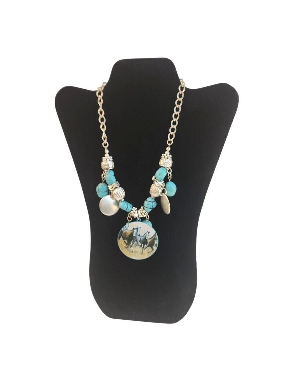 Western Silver & Turquoise Colored Necklace With Horse Pendant & Beads Western C